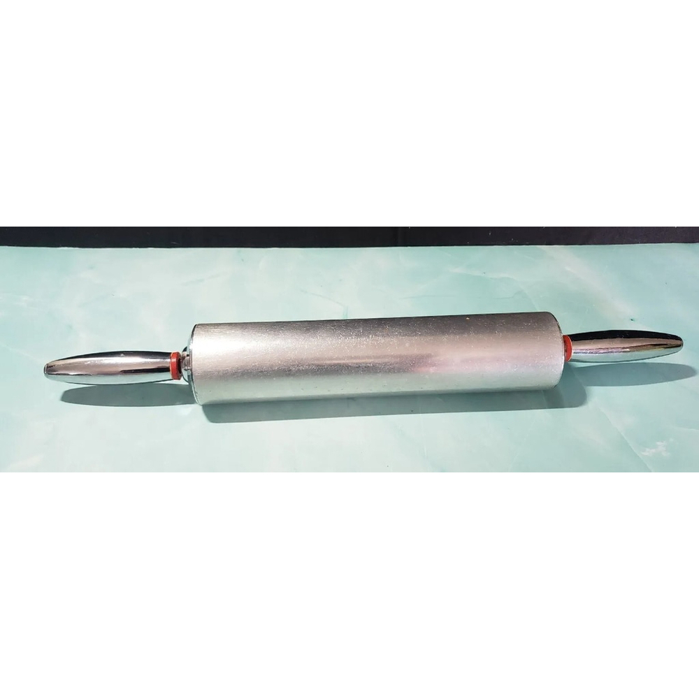 Silver Aluminum Metal Rolling Pin 19 in Red Washers MCM Pastry Dough Vintage